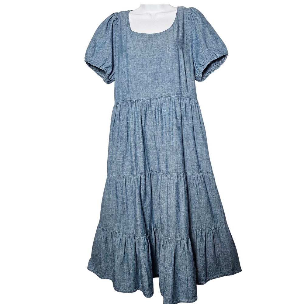 J.Crew Tiered Midi Dress Women 12 Blue Cottagecore Puff Sleeve Chambray Cotton